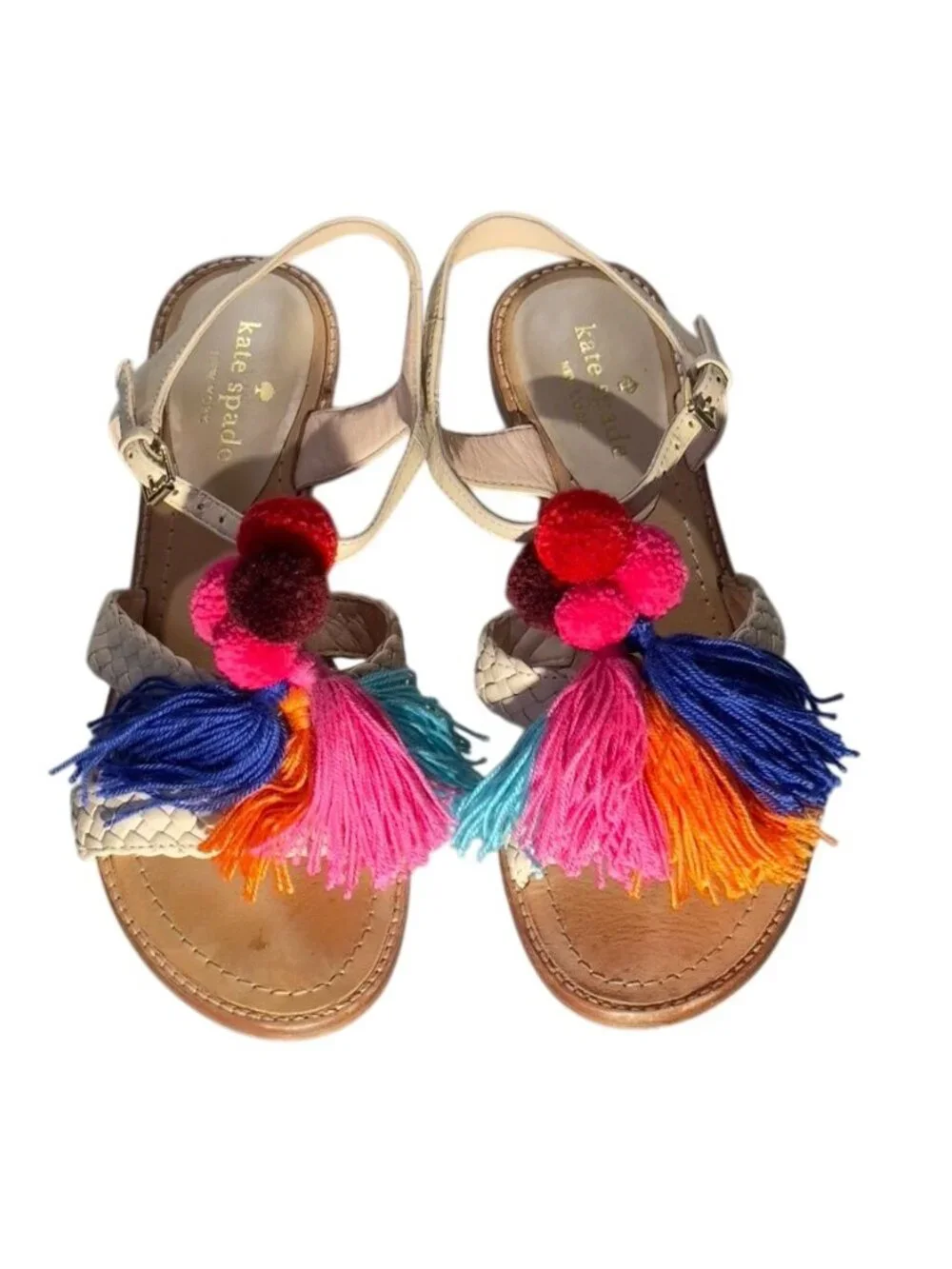 KATE SPADE New York Sunset Women's Sandals Beige Leather Woven Tassel Size 7M